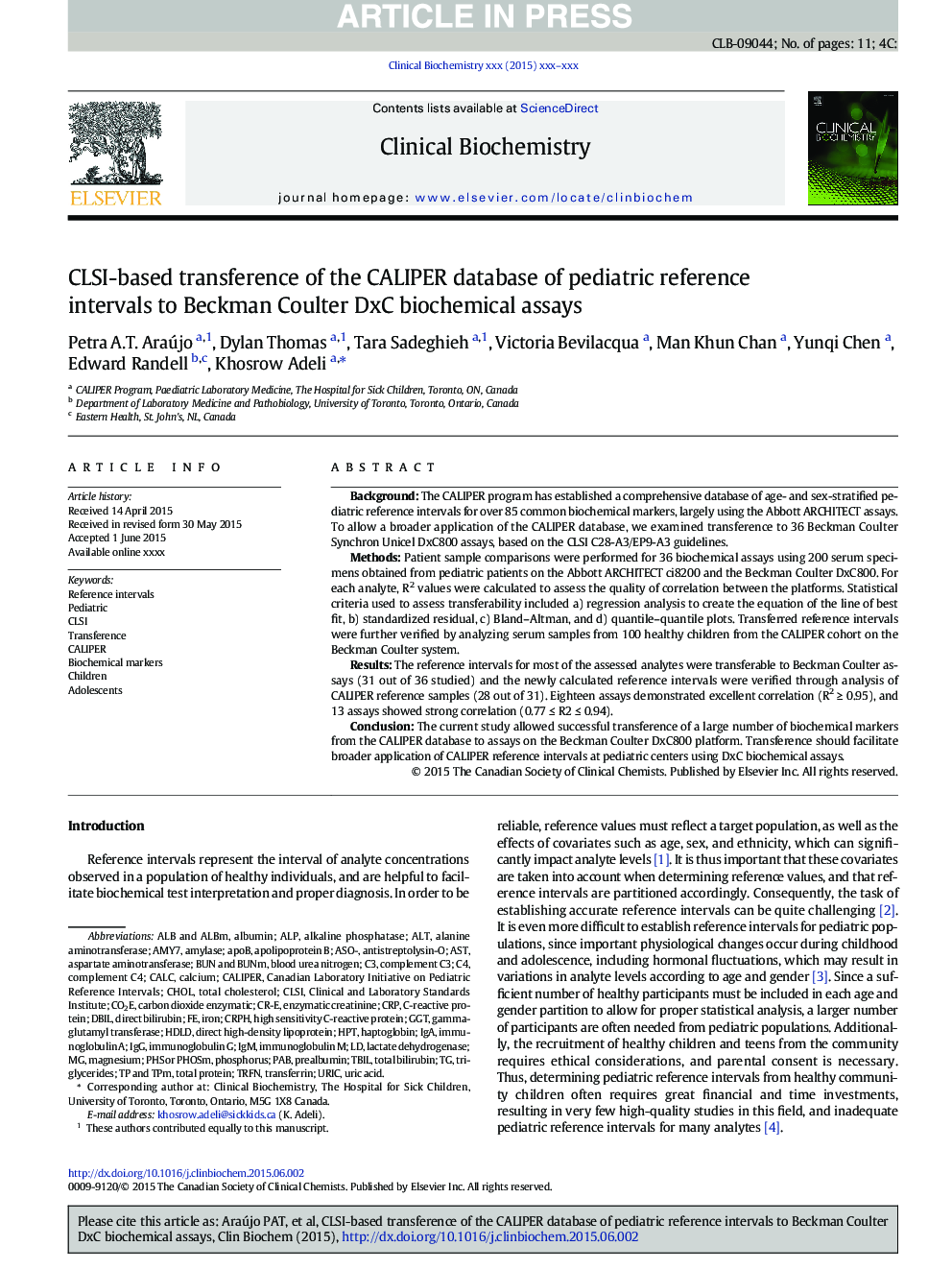 CLSI-based transference of the CALIPER database of pediatric reference intervals to Beckman Coulter DxC biochemical assays