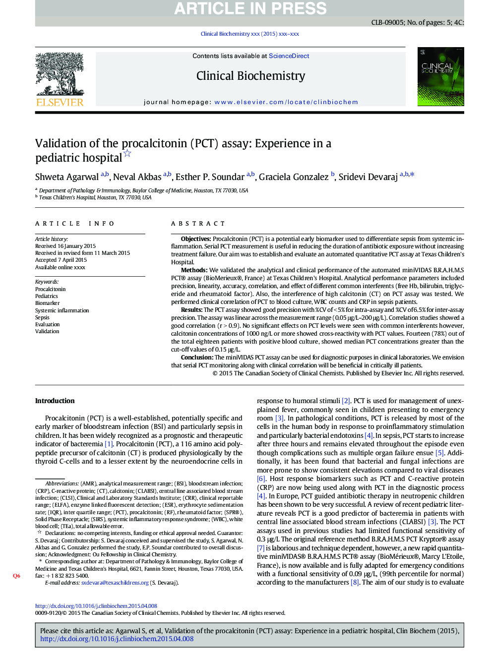 Validation of the procalcitonin (PCT) assay: Experience in a pediatric hospital