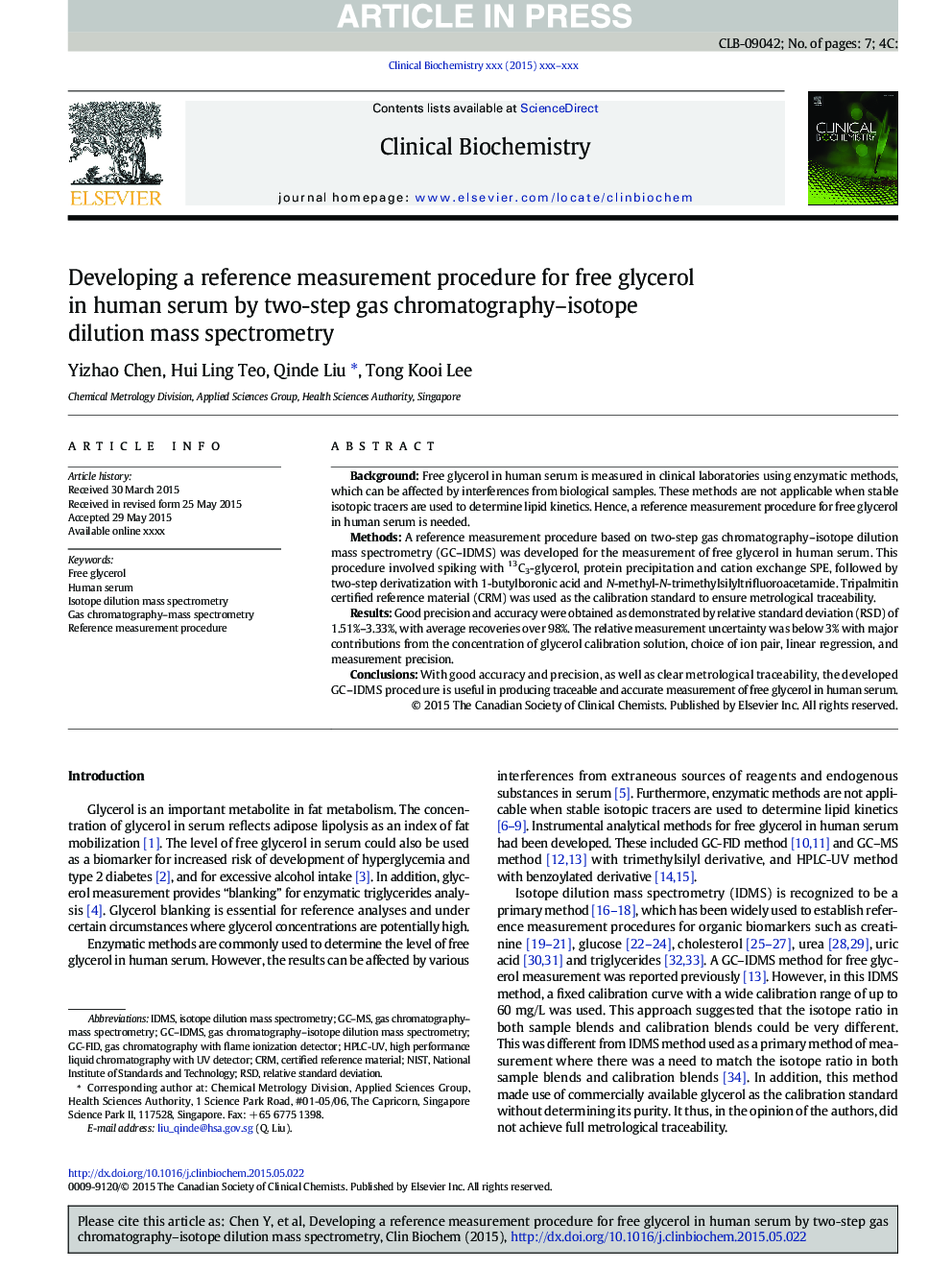 Developing a reference measurement procedure for free glycerol in human serum by two-step gas chromatography-isotope dilution mass spectrometry