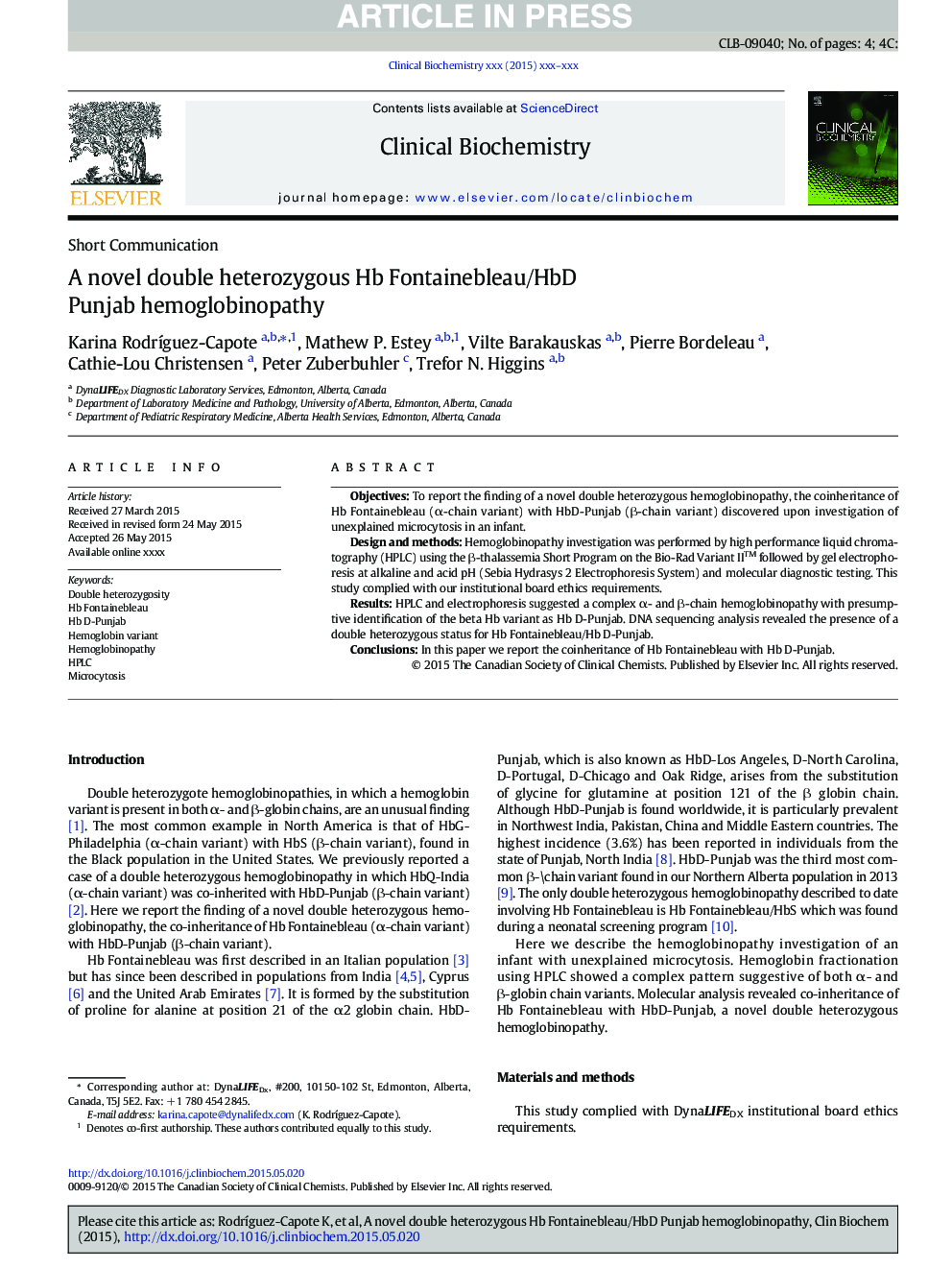 A novel double heterozygous Hb Fontainebleau/HbD Punjab hemoglobinopathy