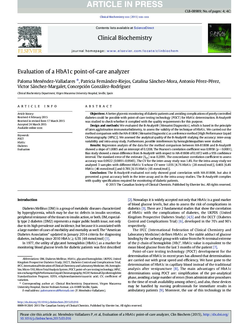 Evaluation of a HbA1c point-of-care analyzer