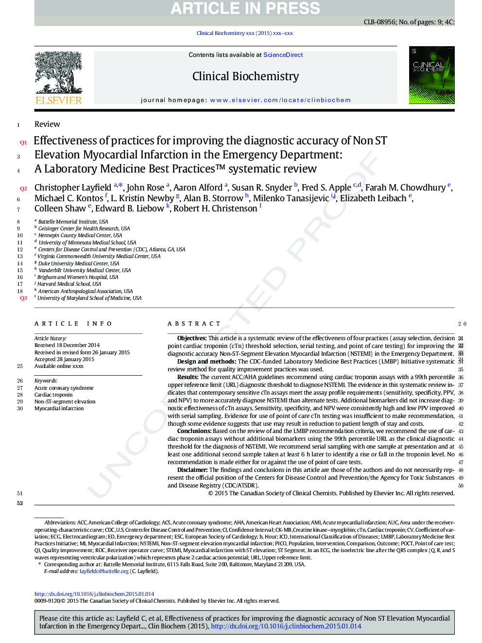 عکس صفحه اول مقاله: Effectiveness of practices for improving the diagnostic accuracy of Non ST Elevation Myocardial Infarction in the Emergency Department: A Laboratory Medicine Best Practices⢠systematic review Effectiveness of practices for improving the diagnostic accuracy of Non ST Elevation Myocardial Infarction in the Emergency Department: A Laboratory Medicine Best Practices⢠systematic review