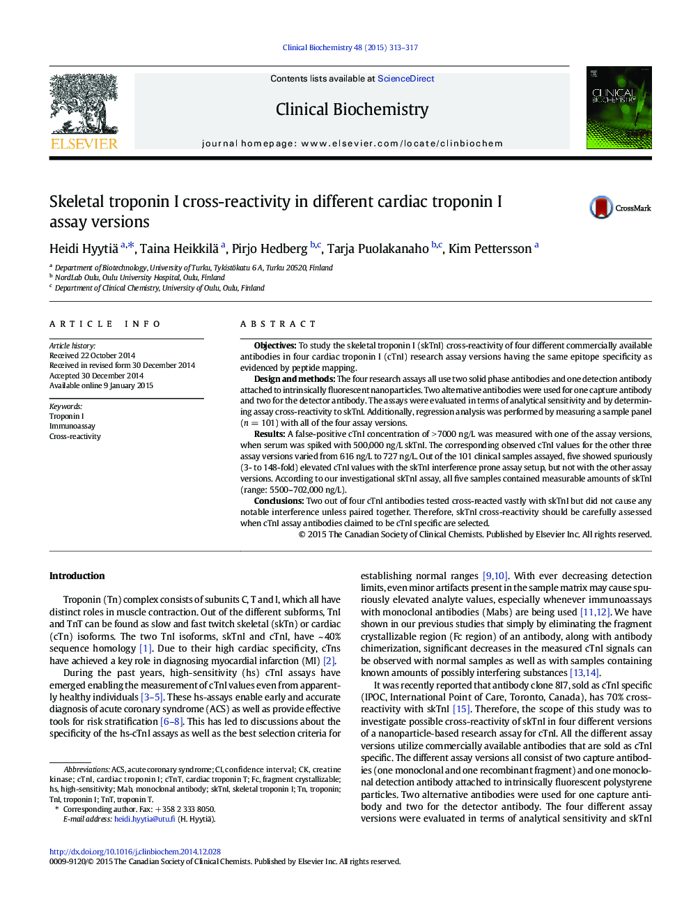 Skeletal troponin I cross-reactivity in different cardiac troponin I assay versions