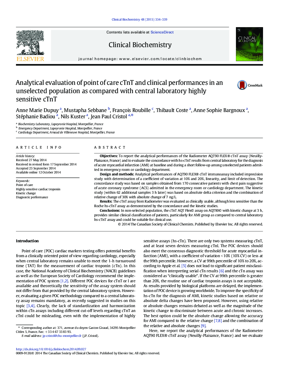 Analytical evaluation of point of care cTnT and clinical performances in an unselected population as compared with central laboratory highly sensitive cTnT