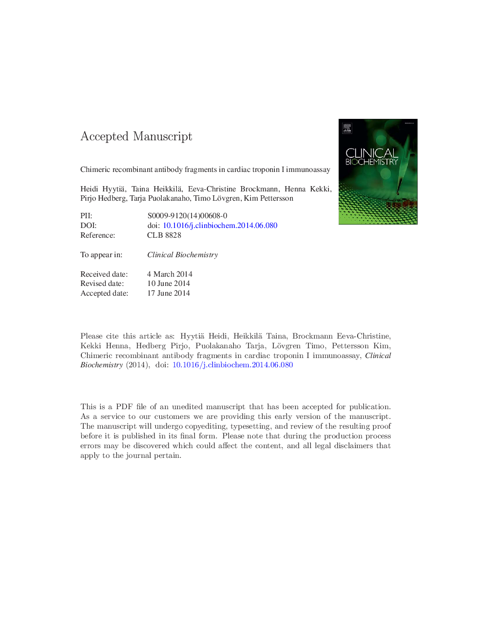 عکس صفحه اول مقاله: Chimeric recombinant antibody fragments in cardiac troponin I immunoassay Chimeric recombinant antibody fragments in cardiac troponin I immunoassay