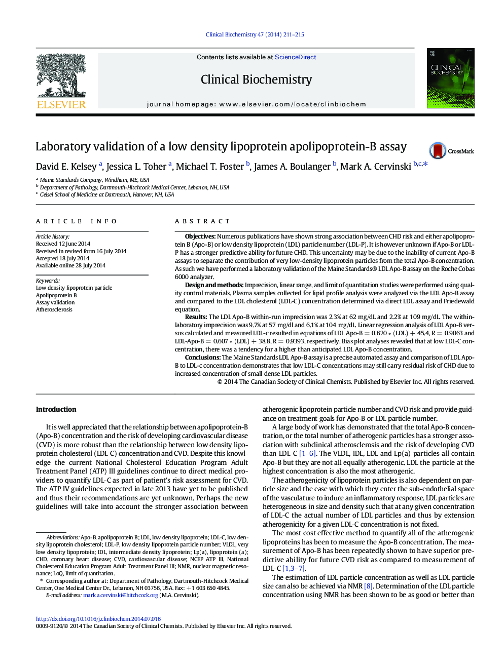 Laboratory validation of a low density lipoprotein apolipoprotein-B assay