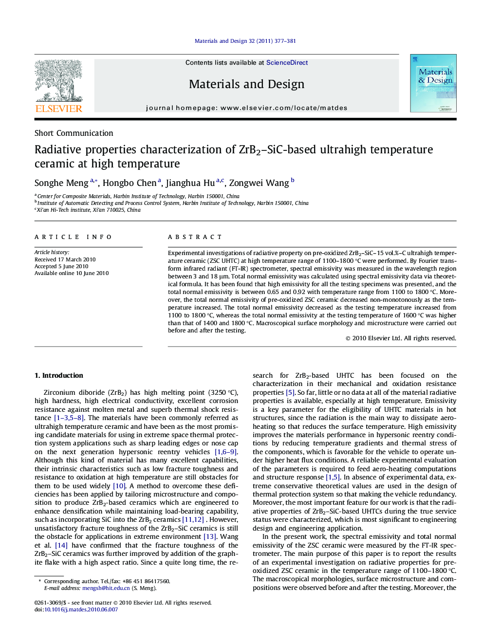 Radiative properties characterization of ZrB2–SiC-based ultrahigh temperature ceramic at high temperature