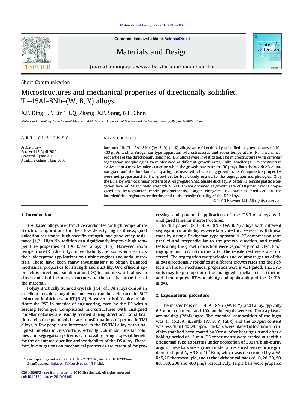 Microstructures and mechanical properties of directionally solidified Ti–45Al–8Nb–(W, B, Y) alloys