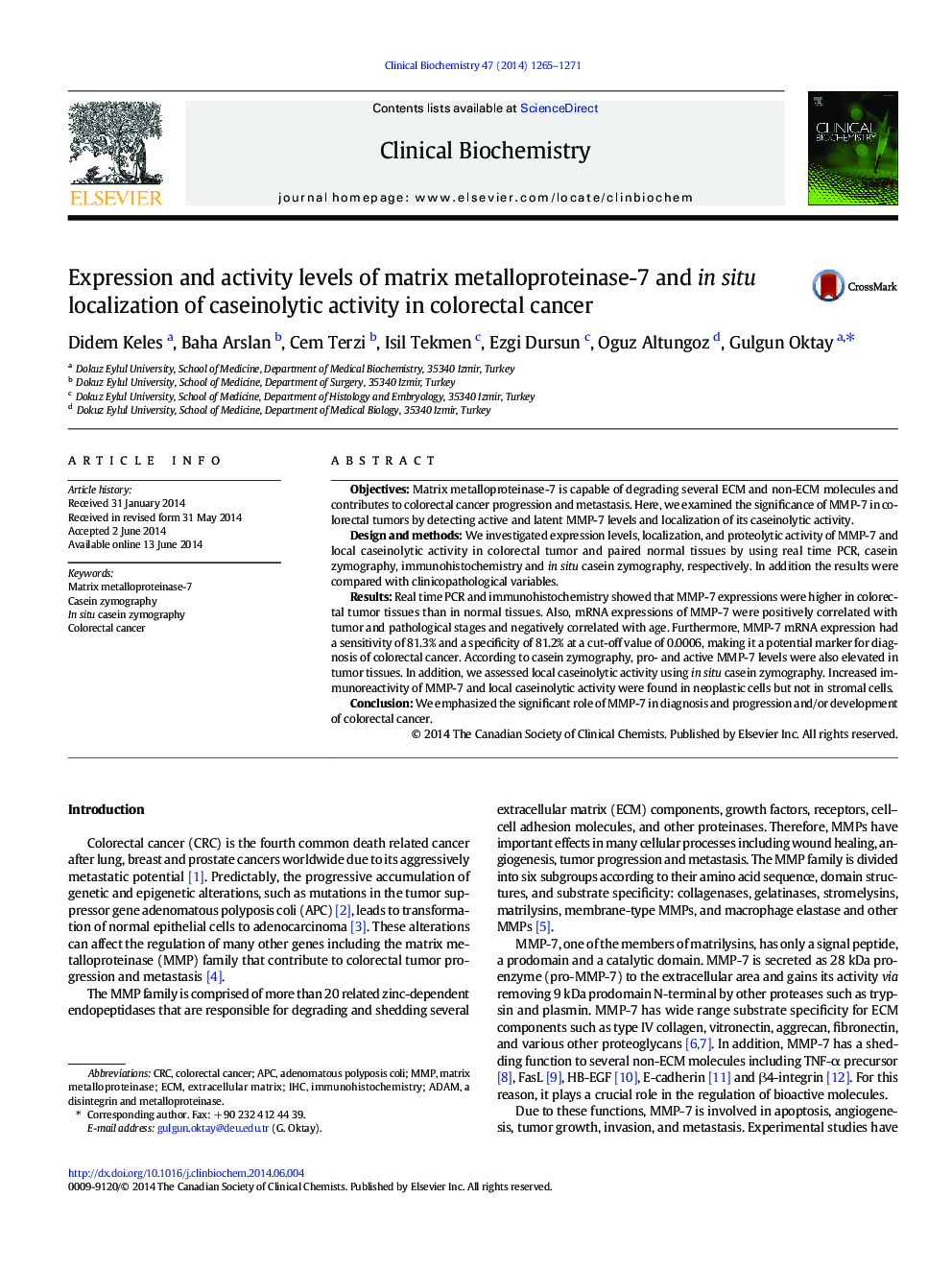 Expression and activity levels of matrix metalloproteinase-7 and in situ localization of caseinolytic activity in colorectal cancer