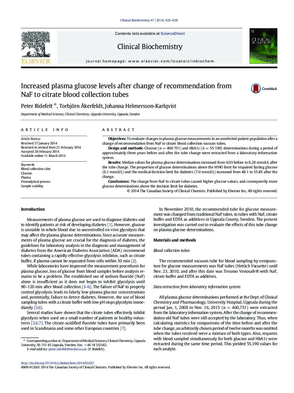 Increased plasma glucose levels after change of recommendation from NaF to citrate blood collection tubes