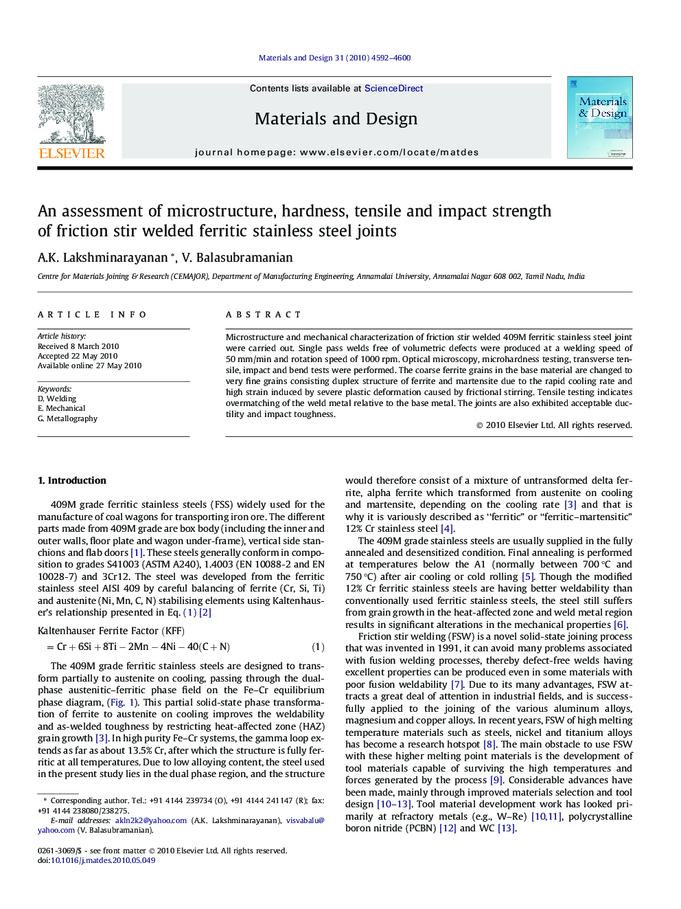 An assessment of microstructure, hardness, tensile and impact strength of friction stir welded ferritic stainless steel joints