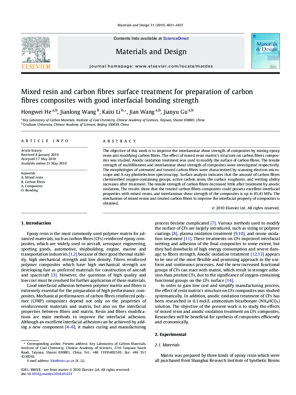 Mixed resin and carbon fibres surface treatment for preparation of carbon fibres composites with good interfacial bonding strength