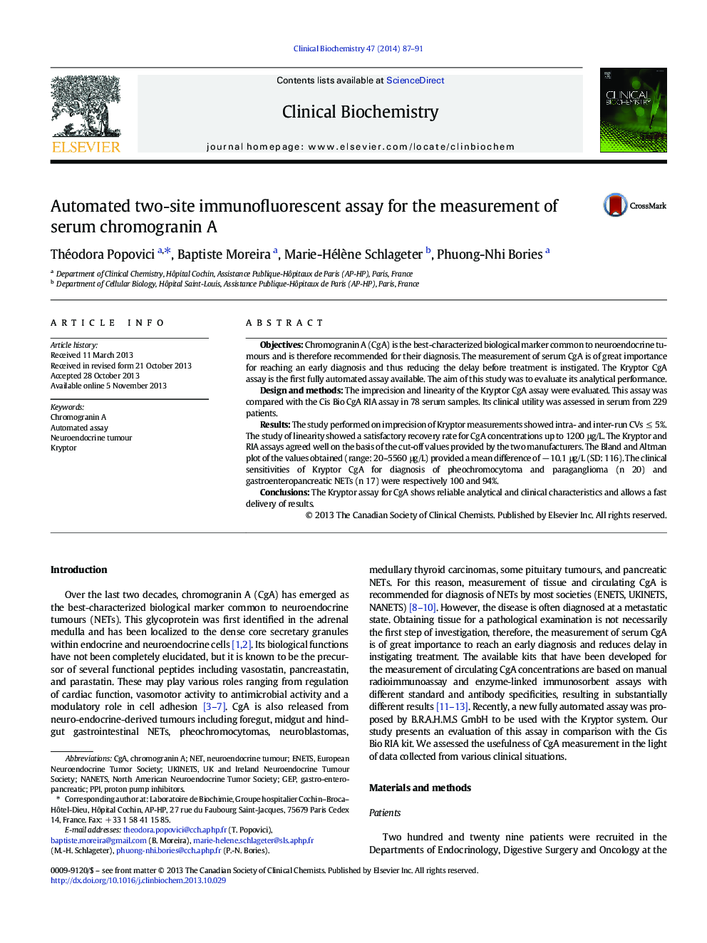 Automated two-site immunofluorescent assay for the measurement of serum chromogranin A