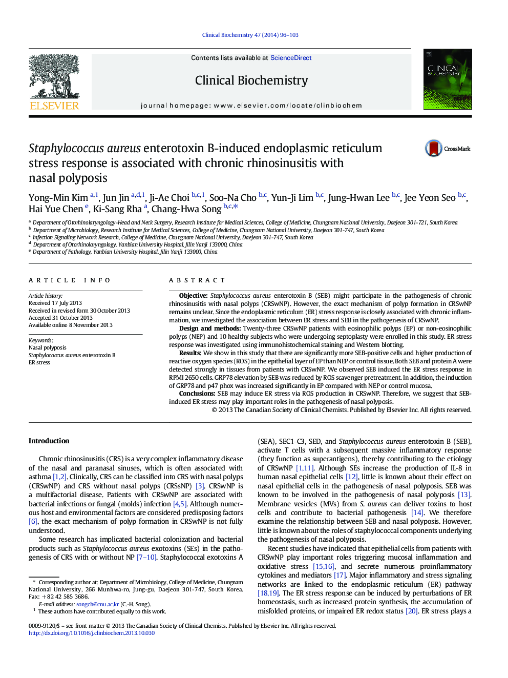 Staphylococcus aureus enterotoxin B-induced endoplasmic reticulum stress response is associated with chronic rhinosinusitis with nasal polyposis