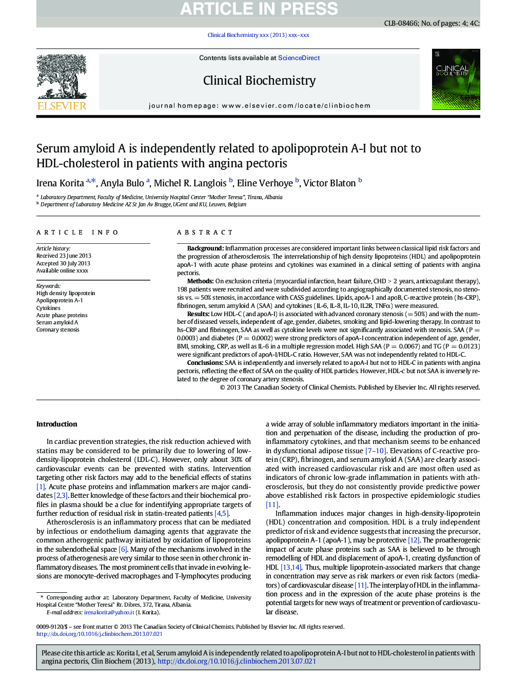 Serum amyloid A is independently related to apolipoprotein A-I but not to HDL-cholesterol in patients with angina pectoris