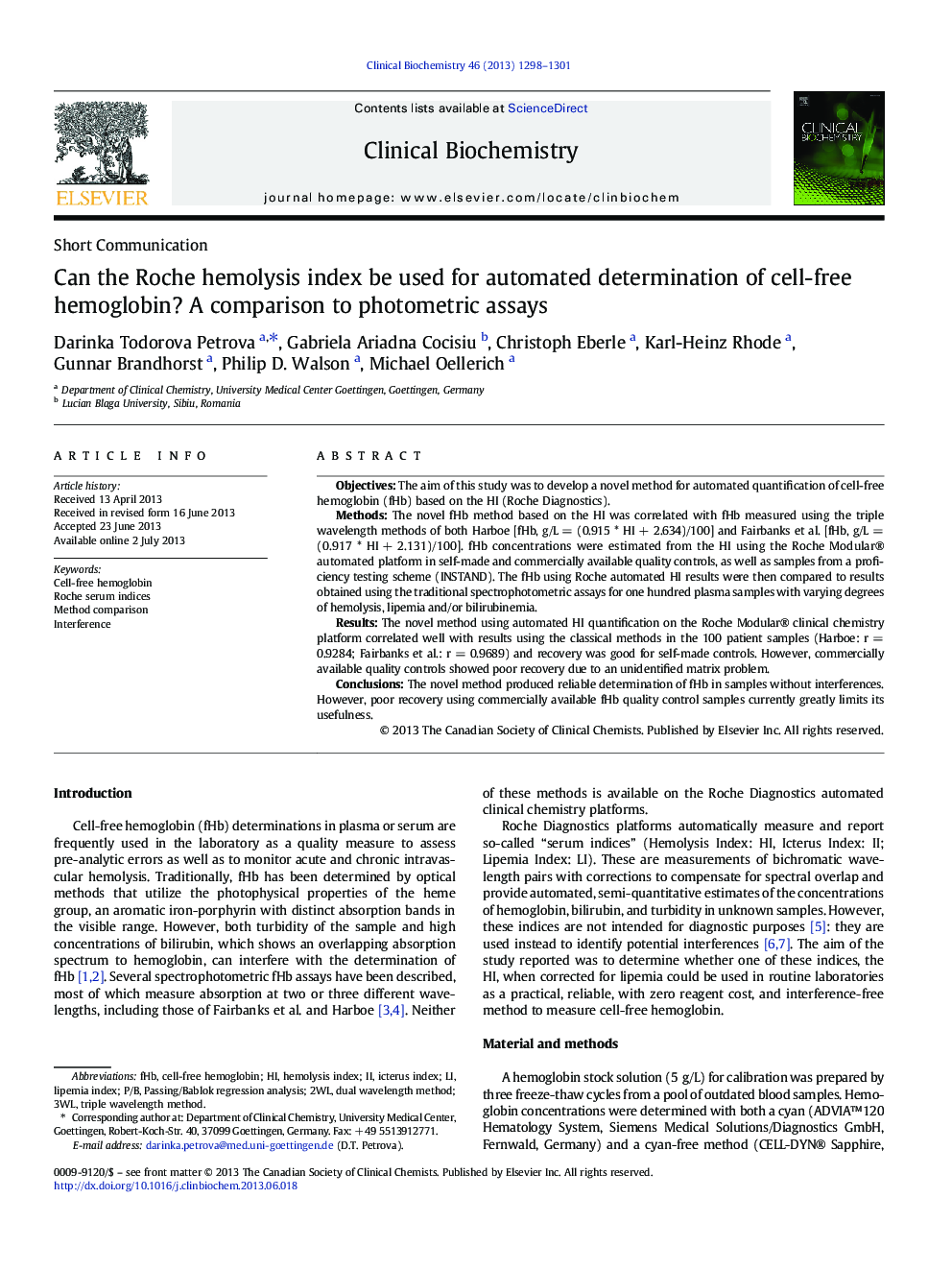 Can the Roche hemolysis index be used for automated determination of cell-free hemoglobin? A comparison to photometric assays