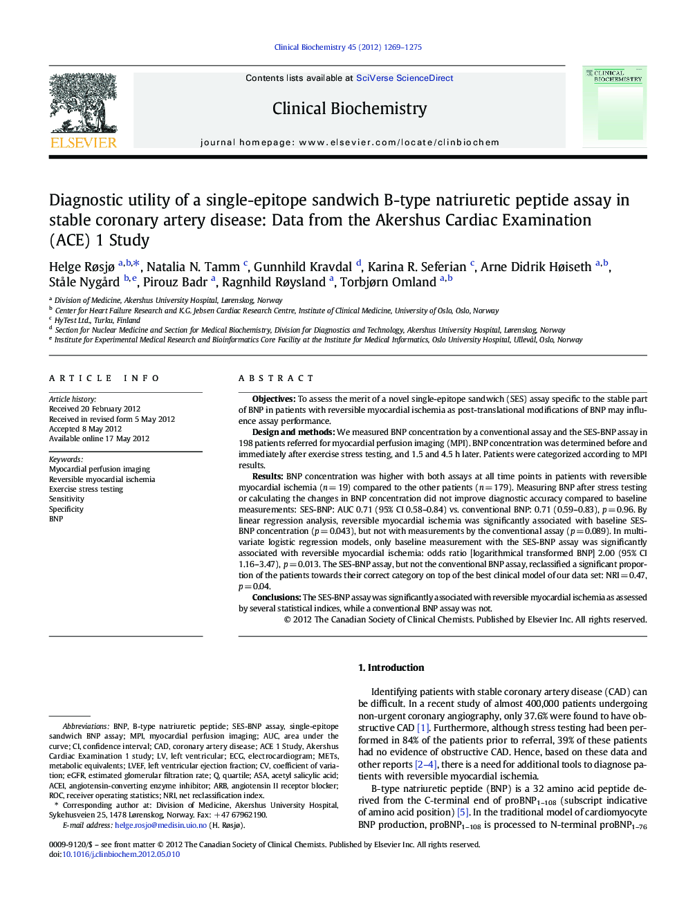 Diagnostic utility of a single-epitope sandwich B-type natriuretic peptide assay in stable coronary artery disease: Data from the Akershus Cardiac Examination (ACE) 1 Study