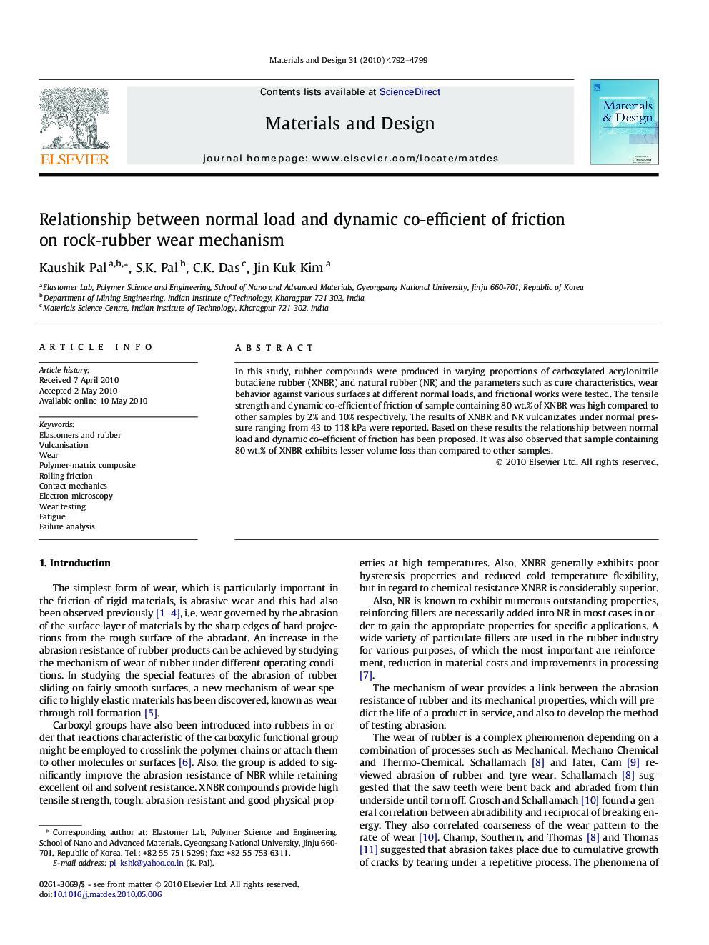 Relationship between normal load and dynamic co-efficient of friction on rock-rubber wear mechanism