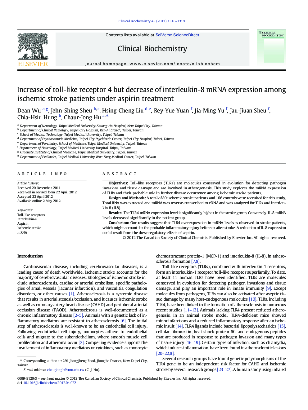 عکس صفحه اول مقاله: Increase of toll-like receptor 4 but decrease of interleukin-8 mRNA expression among ischemic stroke patients under aspirin treatment Increase of toll-like receptor 4 but decrease of interleukin-8 mRNA expression among ischemic stroke patients under aspirin treatment