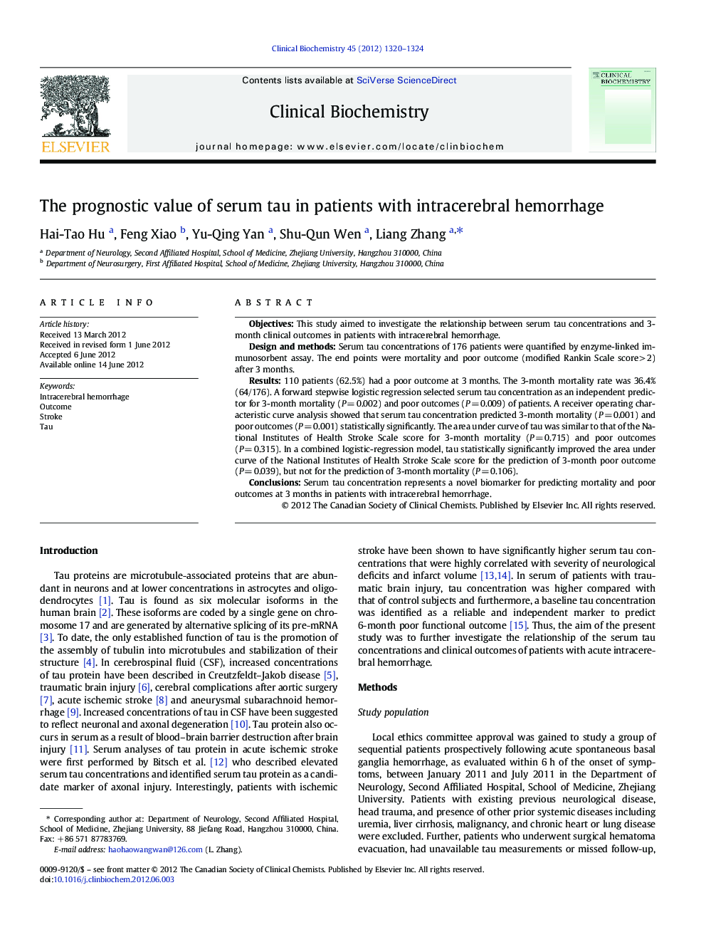 The prognostic value of serum tau in patients with intracerebral hemorrhage