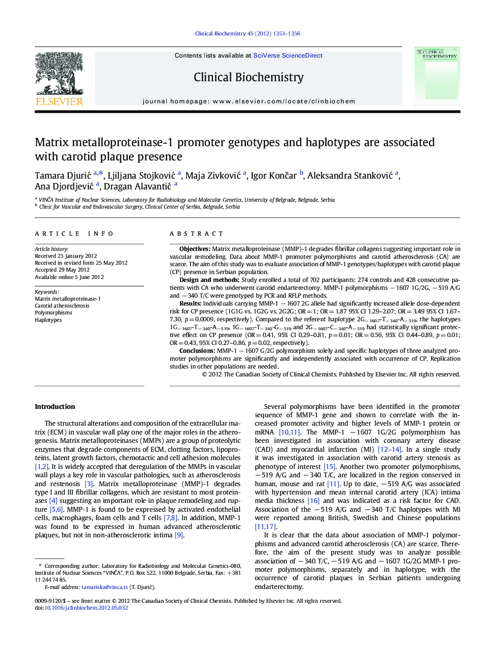 Matrix metalloproteinase-1 promoter genotypes and haplotypes are associated with carotid plaque presence