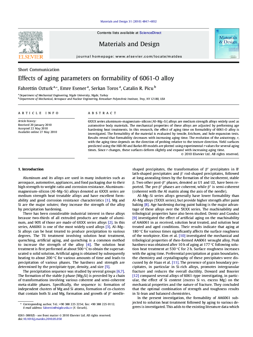 Effects of aging parameters on formability of 6061-O alloy