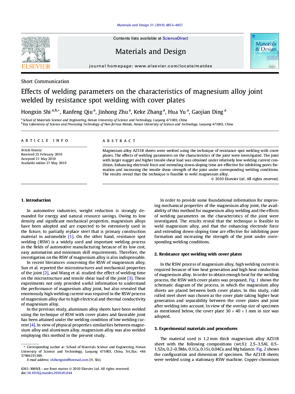 Effects of welding parameters on the characteristics of magnesium alloy joint welded by resistance spot welding with cover plates