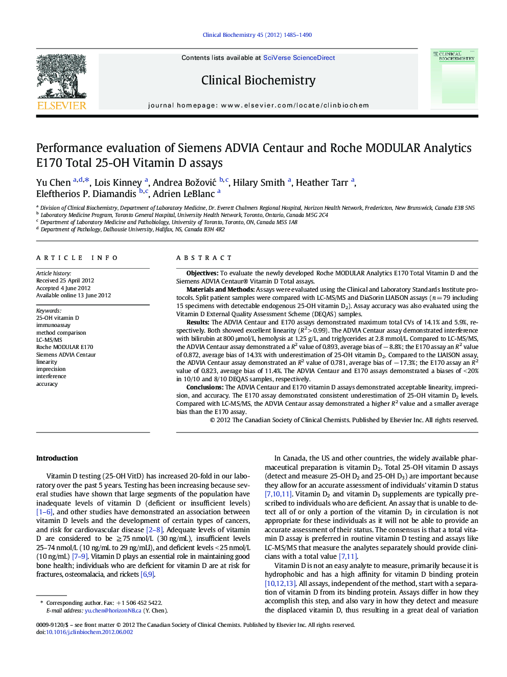 Performance evaluation of Siemens ADVIA Centaur and Roche MODULAR Analytics E170 Total 25-OH Vitamin D assays