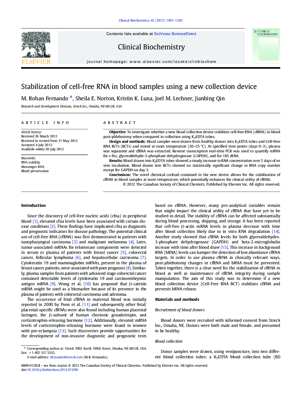 عکس صفحه اول مقاله: Stabilization of cell-free RNA in blood samples using a new collection device Stabilization of cell-free RNA in blood samples using a new collection device