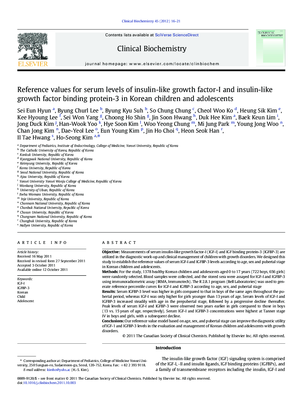 Reference values for serum levels of insulin-like growth factor-I and insulin-like growth factor binding protein-3 in Korean children and adolescents