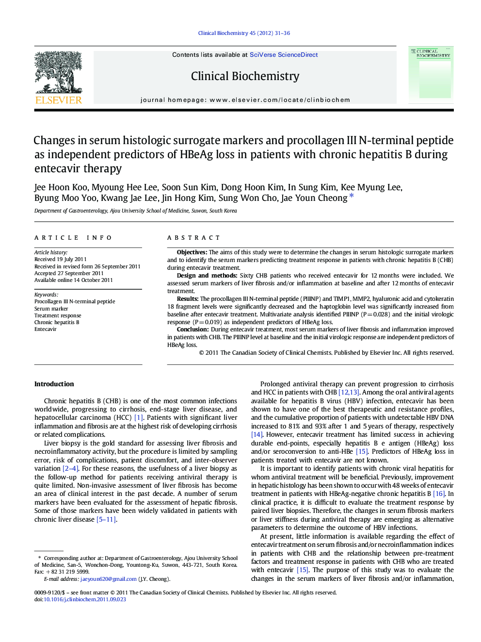 Changes in serum histologic surrogate markers and procollagen III N-terminal peptide as independent predictors of HBeAg loss in patients with chronic hepatitis B during entecavir therapy