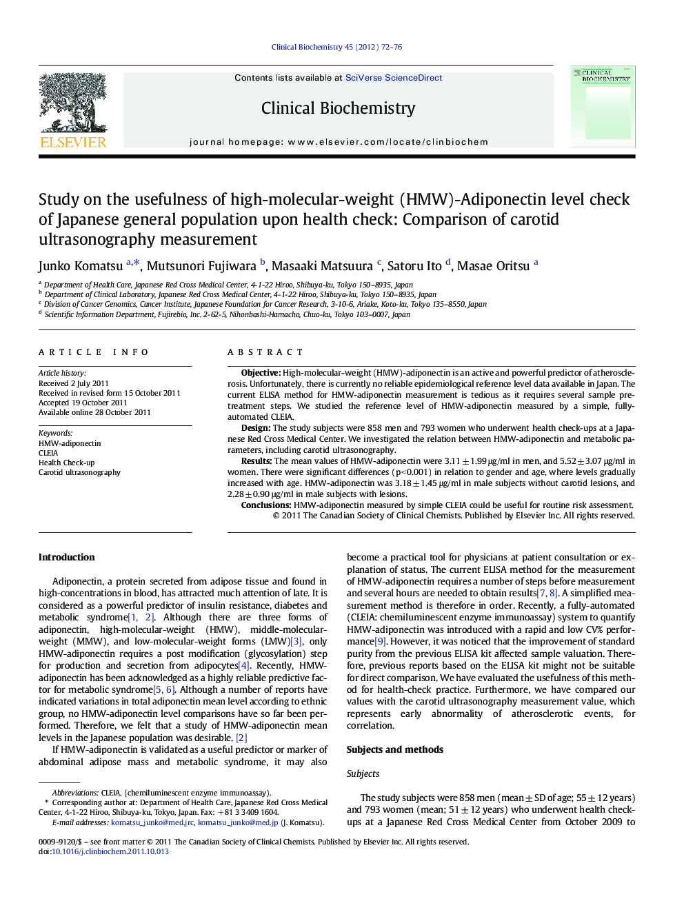 Study on the usefulness of high-molecular-weight (HMW)-Adiponectin level check of Japanese general population upon health check: Comparison of carotid ultrasonography measurement