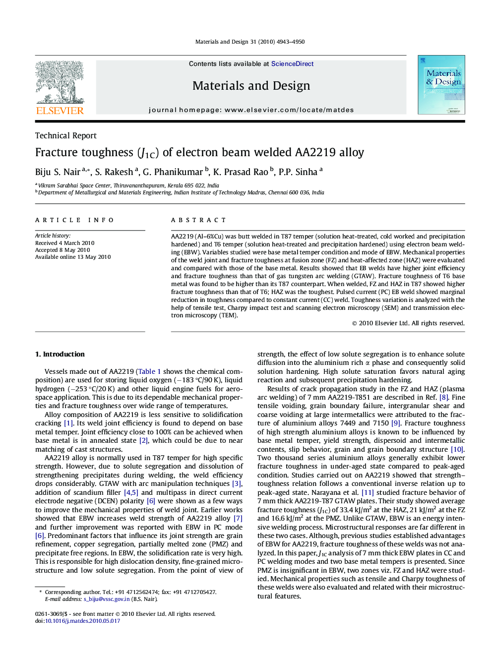 Fracture toughness (J1C) of electron beam welded AA2219 alloy