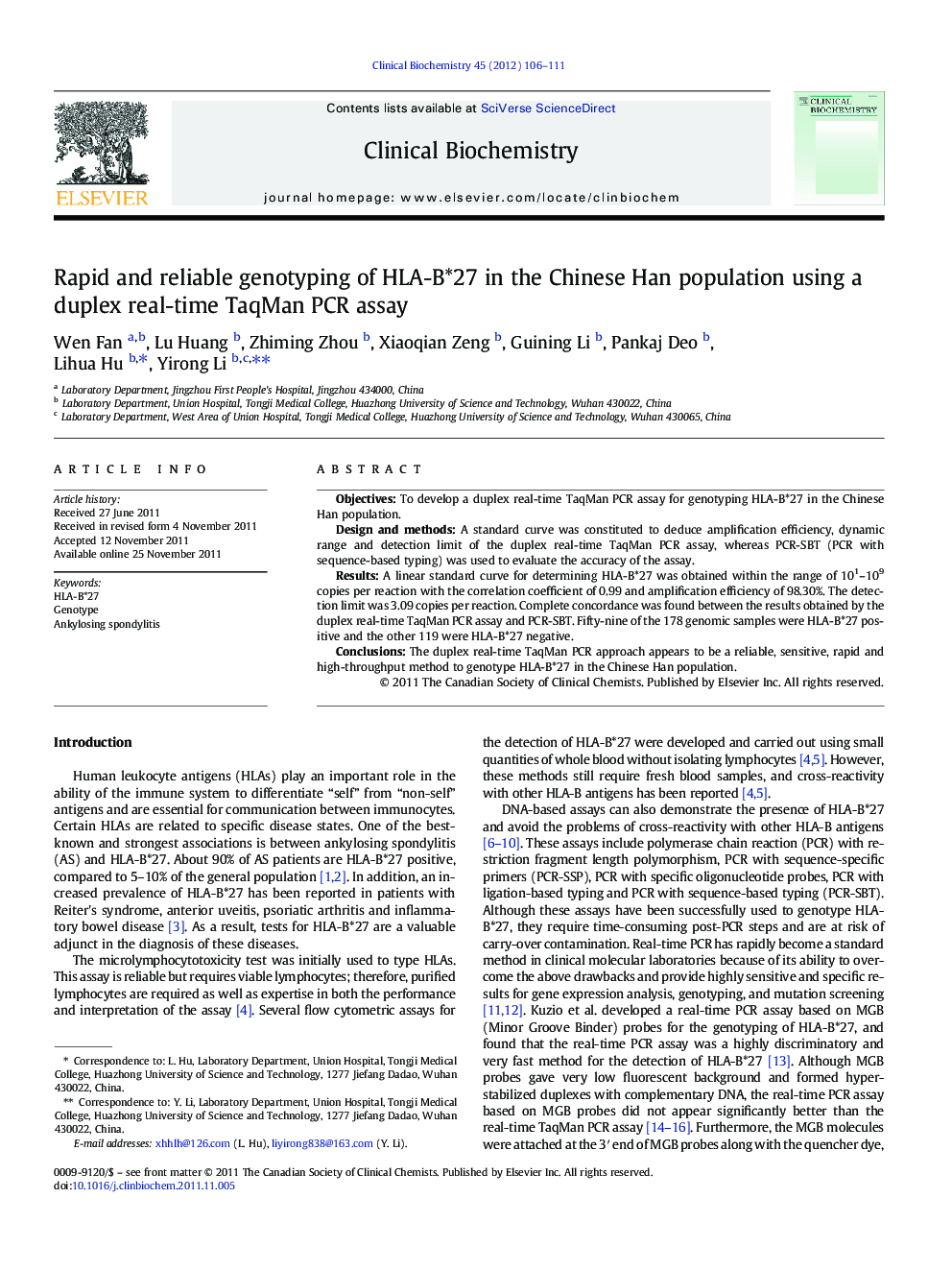 Rapid and reliable genotyping of HLA-B*27 in the Chinese Han population using a duplex real-time TaqMan PCR assay