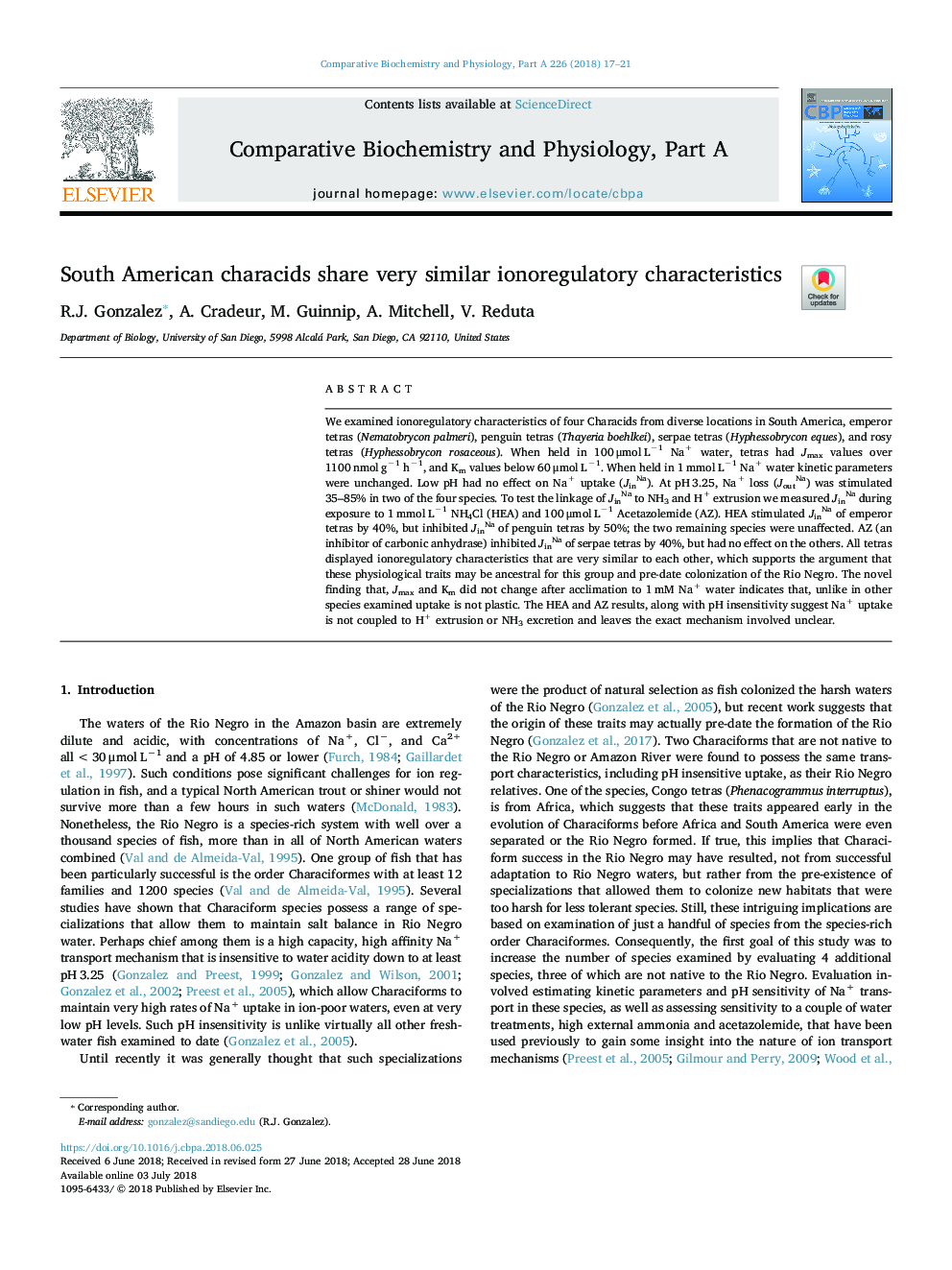 South American characids share very similar ionoregulatory characteristics