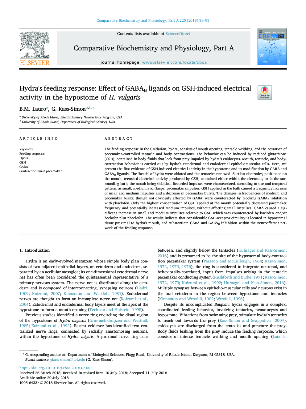 Hydra's feeding response: Effect of GABAB ligands on GSH-induced electrical activity in the hypostome of H. vulgaris