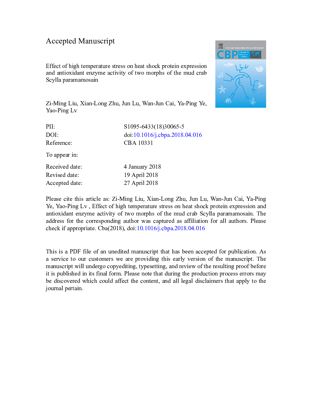 Effect of high temperature stress on heat shock protein expression and antioxidant enzyme activity of two morphs of the mud crab Scylla paramamosain