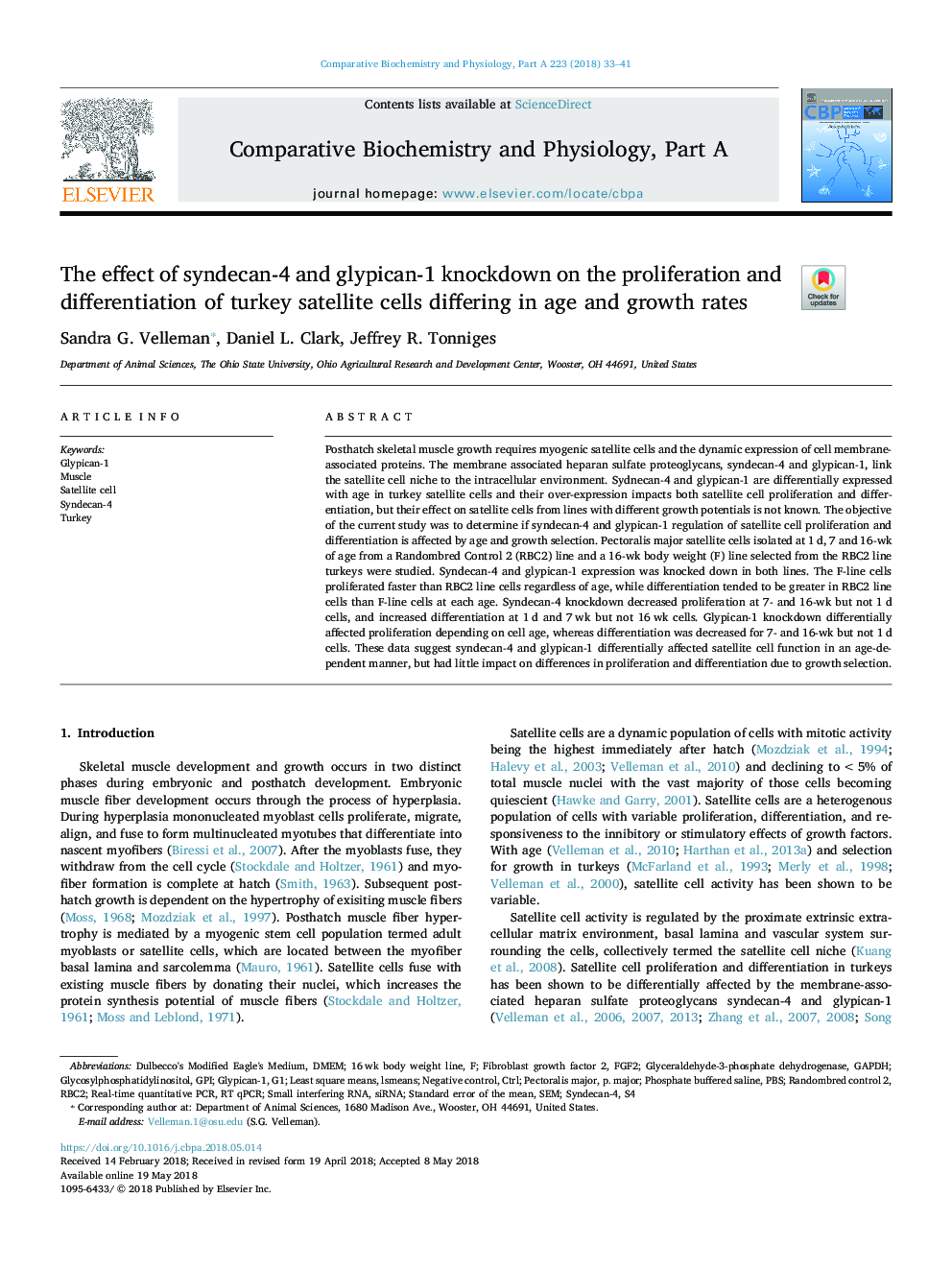 The effect of syndecan-4 and glypican-1 knockdown on the proliferation and differentiation of turkey satellite cells differing in age and growth rates