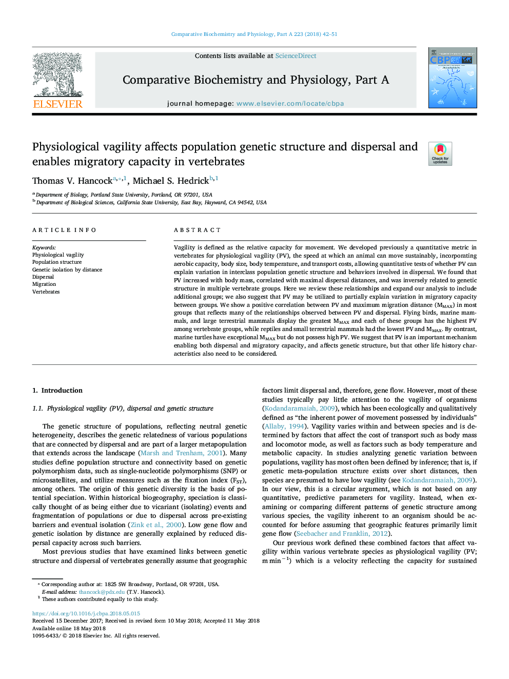 Physiological vagility affects population genetic structure and dispersal and enables migratory capacity in vertebrates