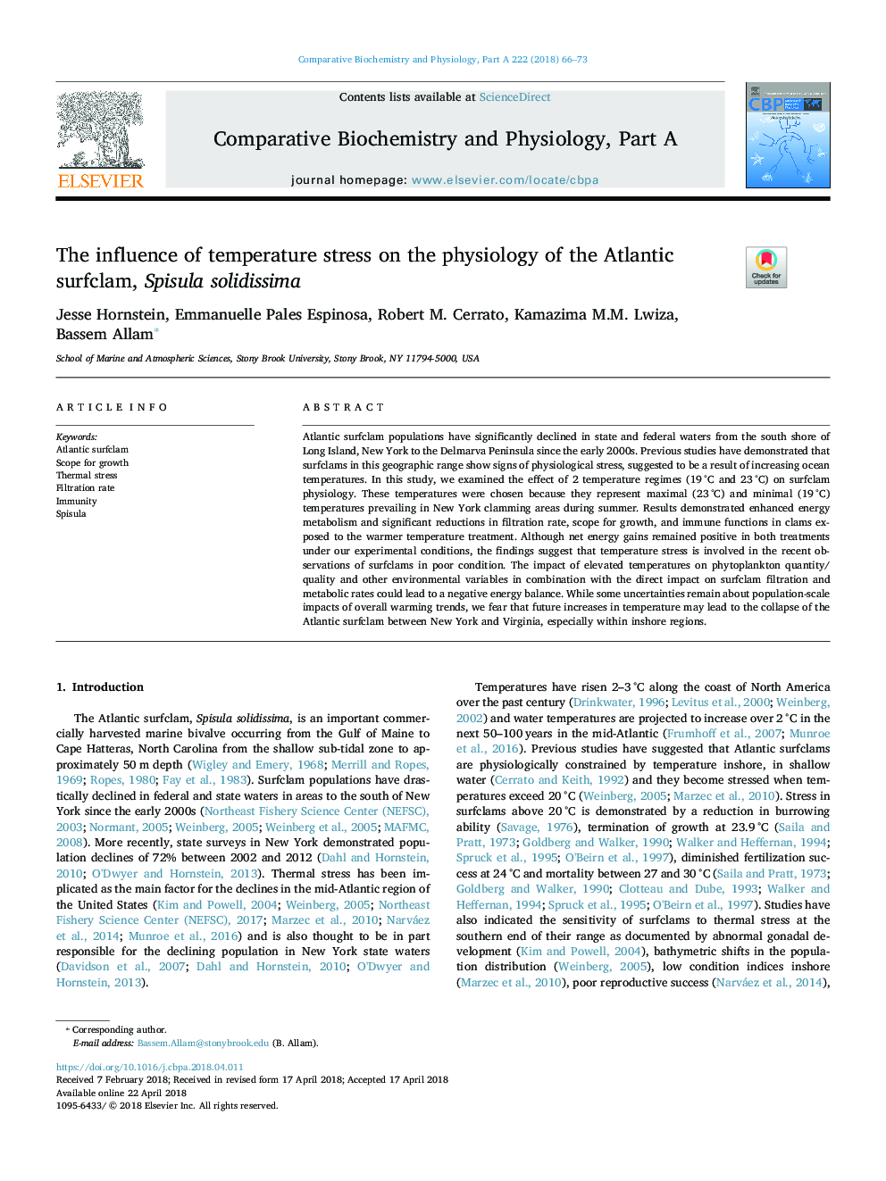 The influence of temperature stress on the physiology of the Atlantic surfclam, Spisula solidissima