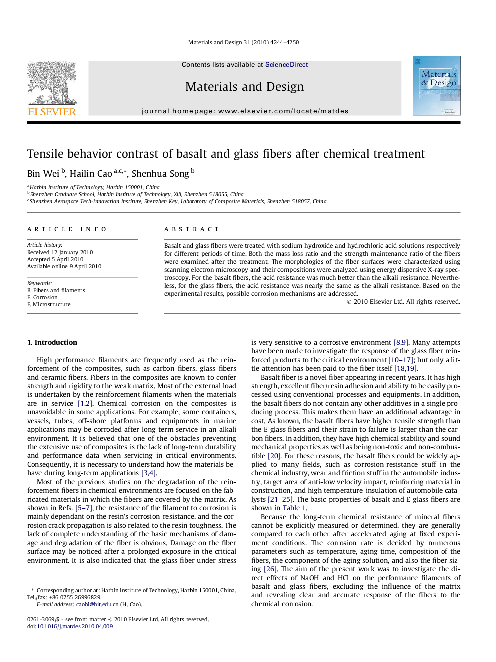 Tensile behavior contrast of basalt and glass fibers after chemical treatment