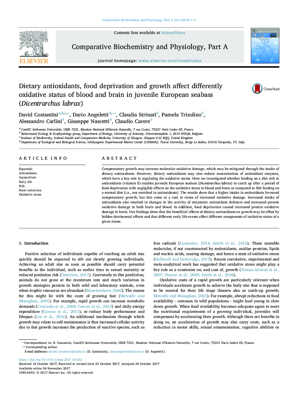 Dietary antioxidants, food deprivation and growth affect differently oxidative status of blood and brain in juvenile European seabass (Dicentrarchus labrax)