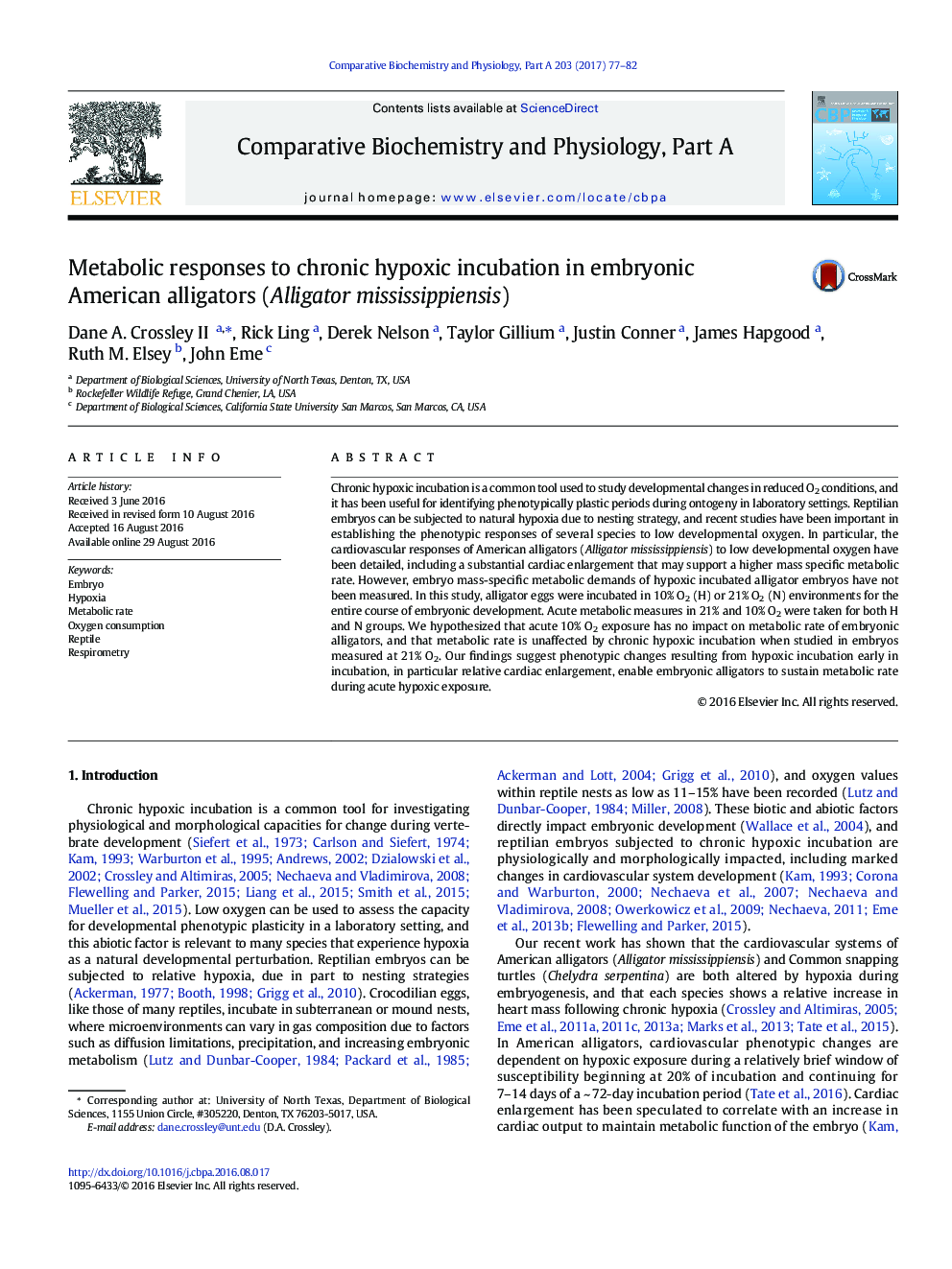 Metabolic responses to chronic hypoxic incubation in embryonic American alligators (Alligator mississippiensis)