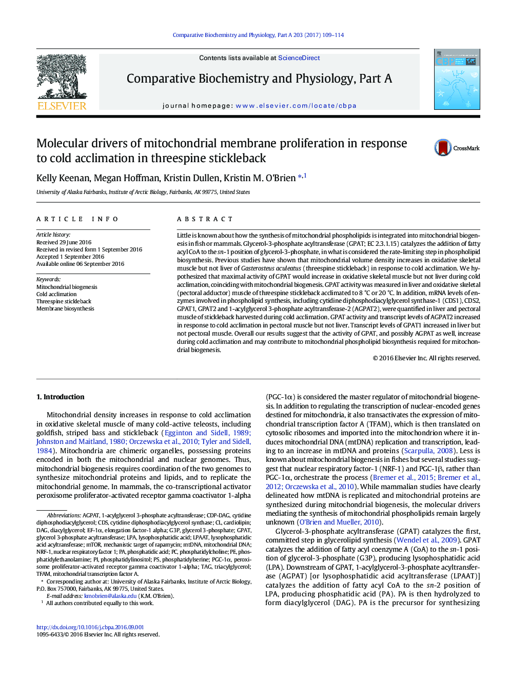 Molecular drivers of mitochondrial membrane proliferation in response to cold acclimation in threespine stickleback