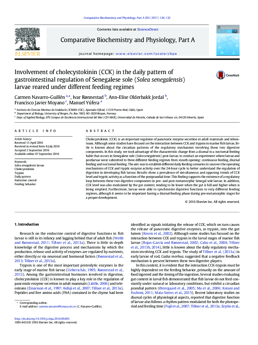 Involvement of cholecystokinin (CCK) in the daily pattern of gastrointestinal regulation of Senegalese sole (Solea senegalensis) larvae reared under different feeding regimes