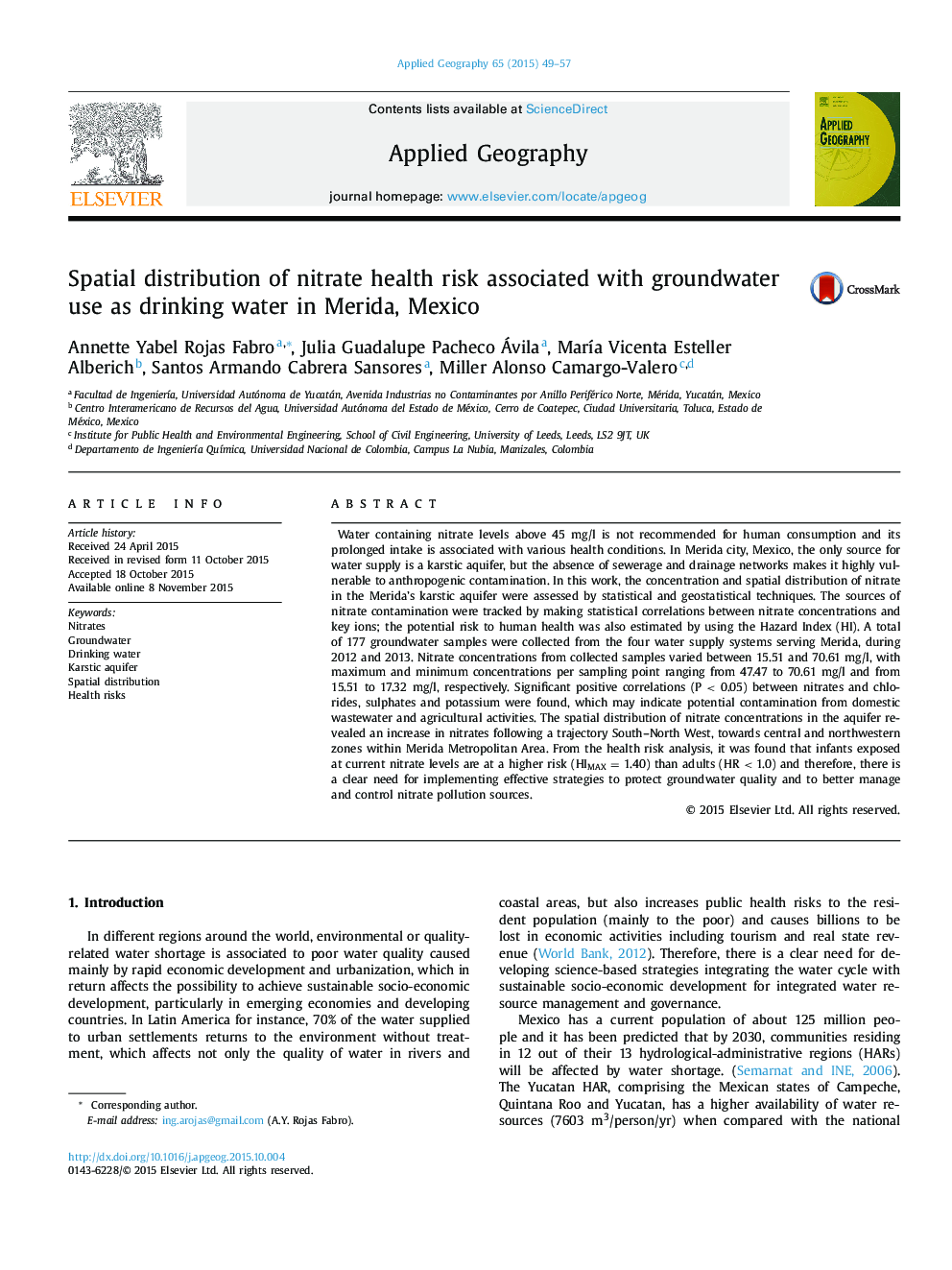 Spatial distribution of nitrate health risk associated with groundwater use as drinking water in Merida, Mexico