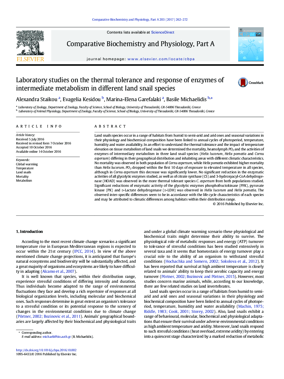 Laboratory studies on the thermal tolerance and response of enzymes of intermediate metabolism in different land snail species