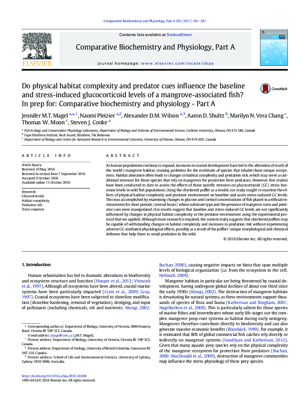 Do physical habitat complexity and predator cues influence the baseline and stress-induced glucocorticoid levels of a mangrove-associated fish?