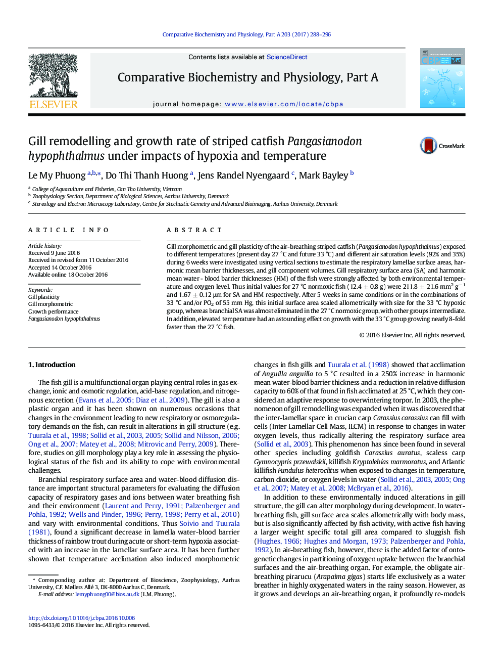 Gill remodelling and growth rate of striped catfish Pangasianodon hypophthalmus under impacts of hypoxia and temperature