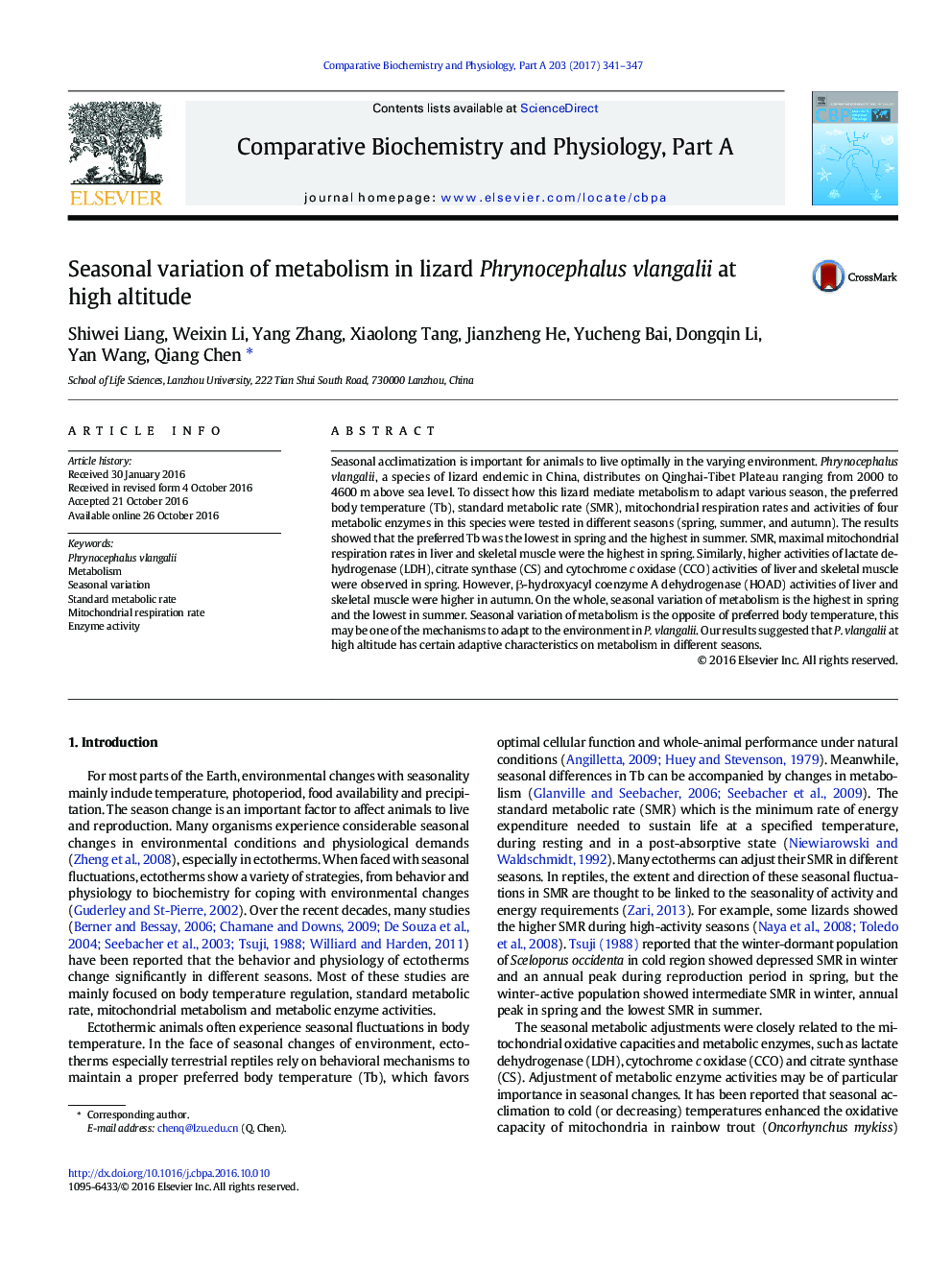 Seasonal variation of metabolism in lizard Phrynocephalus vlangalii at high altitude